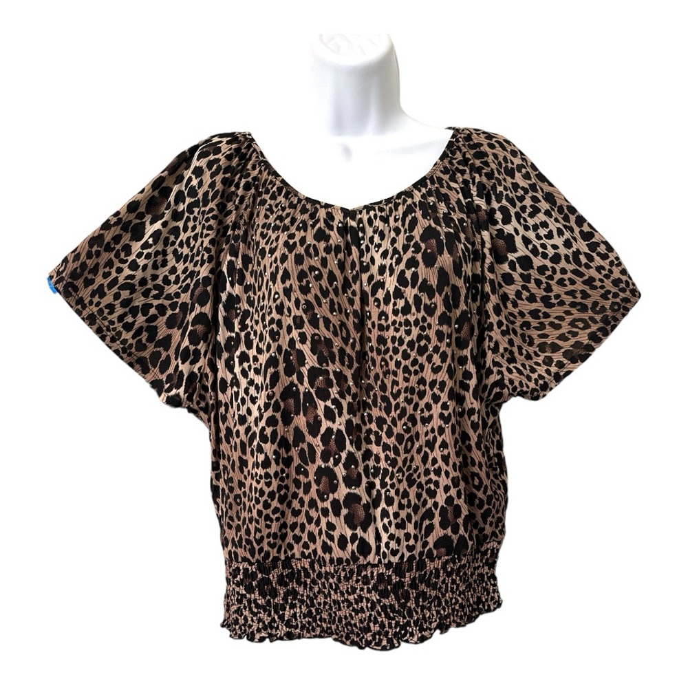 STYLE & CO PETITE Flutter Sleeve Animal Print Pullover Blouse Size Medium